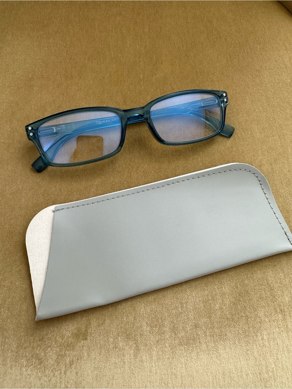 Blue Rectangular Reading Glasses with Gray Sleeve - Unbranded